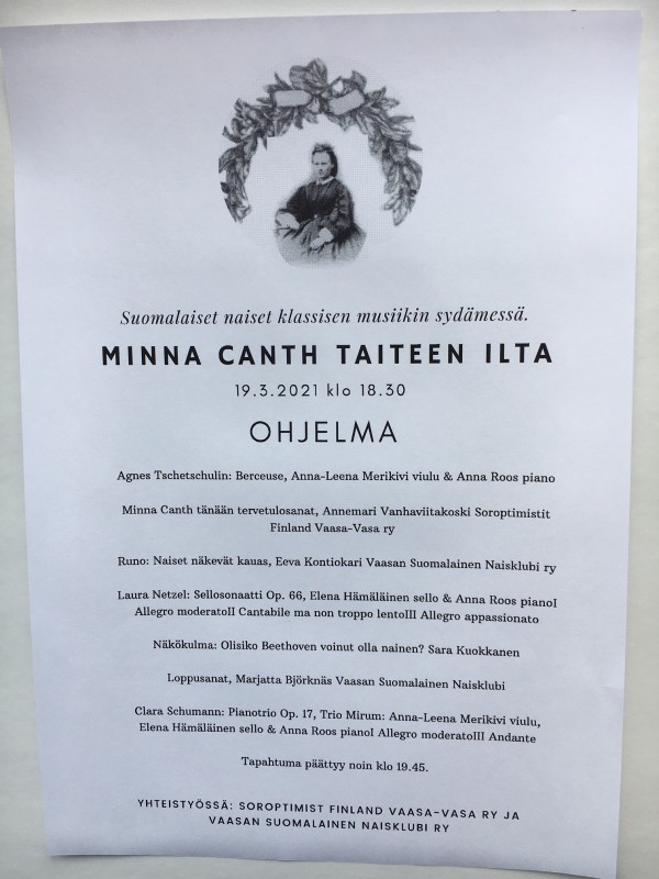 Suomalainen Naisliitto - TAPAHTUMAKALENTERI . Minna Canth taiteen  ilta live lähetyksenä Vaasasta klo . Osallistumislinkki lähetetään  jäsenille  ja linkki on voimassa jäsenille . asti.